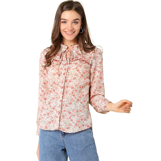 Allegra K Blusa Manga Larga Estampado Floral Con Volantes Cuello De Corbata Para Mujer Blanco S
