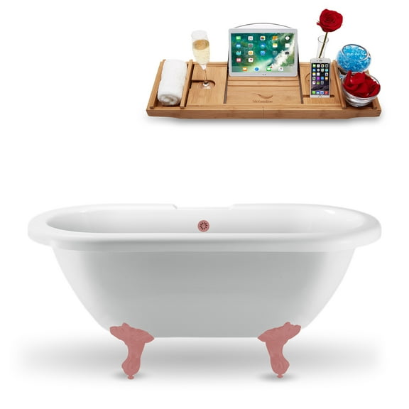 67" Streamline N1121PNK-PNK Clawfoot Tub and Tray With External Drain