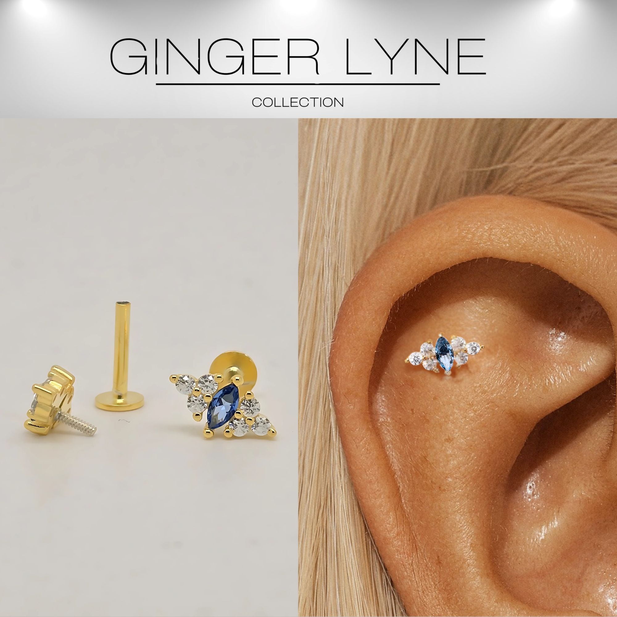 Blue Marquise CZ Flat Back Earrings for Cartilage or Lobe 16g Gold Plated Sterling Silver 1 pair by Ginger Lyne