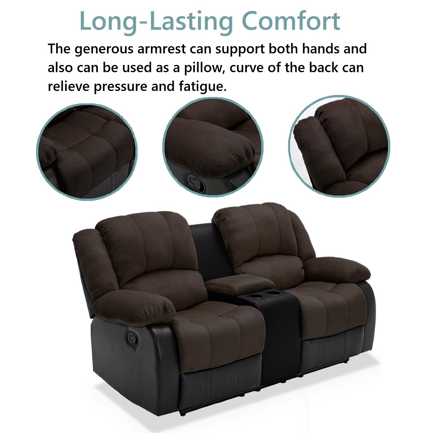 Nathaniel Home Manual Reclining Sofa, PU Leather Upholstered Double Recliner Loveseat, 2-Seater Home Theater Seating with Console, Arm Sofa Recline Chair for Living Room, Brown