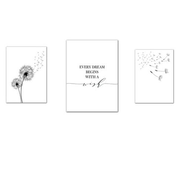AUQ 3Pcs Wall Decor,Wall Art,Home Decor Living Room - Dandelion Design, Inspirational Quote, Black and White