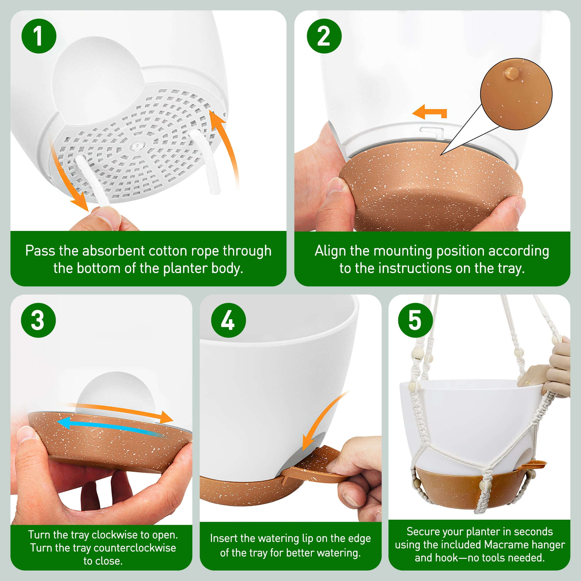 3-Pack Self Watering Hanging Plant Pots with Macrame Hangers, Plastic Planters with Drainage Holes and Saucers, Indoor Outdoor Flower Pots, Includes 3 Ceiling Hooks, 7"/6"/5.5" (White)
