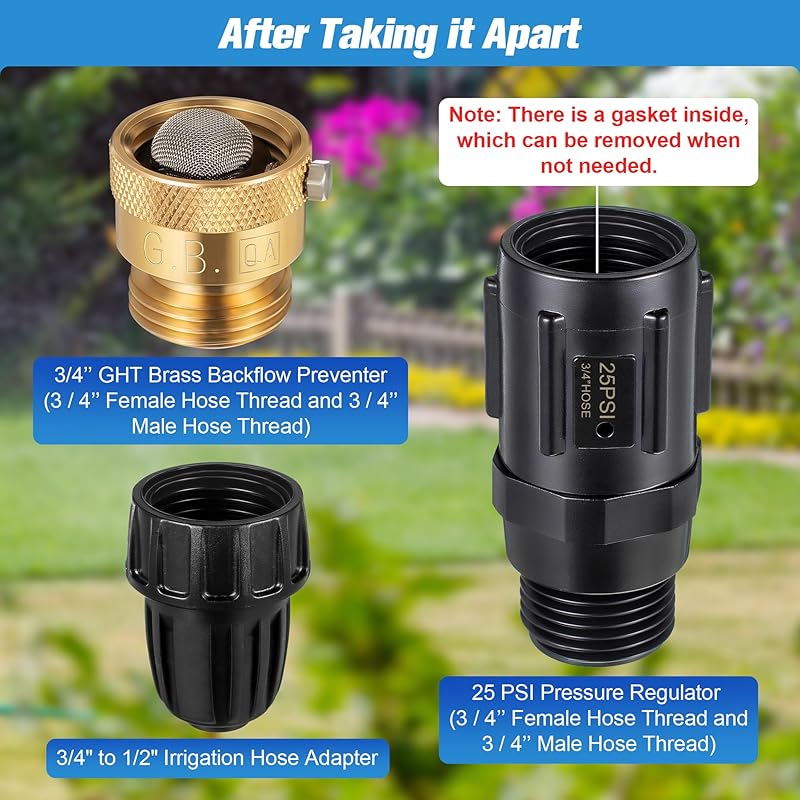 1 Set 25 Psi Drip Irrigation Faucet Adapter Kit 1/2'' Irrigation Tubing to 3/4'' Faucet Water Pressure Regulator Backflow Preventer with Filter, Drip Irrigation System Parts (25 Psi)