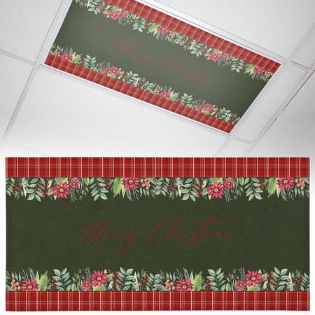 Merry Christmas Fluorescent Light Covers Red Plaid Flower Leaf Dark Green Background Magnetic Light Filters Ceiling Lighting Panel Shade for Classroom Office Home 2 x 4 ft 1 Pack