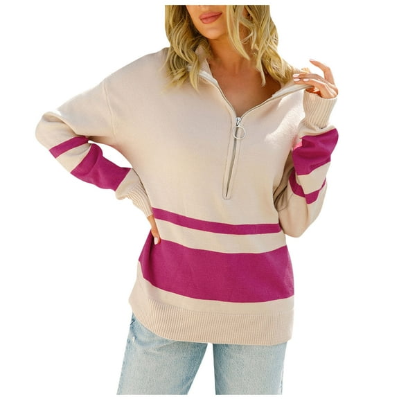 Fesfesfes Women Sweater Tops V-neck Loose Knitting Sweater Casual Long Sleeve Splicing Coat Clothes Sale