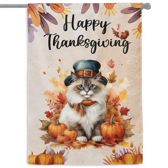 Happy Thanksgiving Ragdoll Welcome Thankful Fall Autumn Pumpkin House Flag 28x40in Double Sided Cat Lover Kitten Owner Gifts Idea Outdoor Decor - 02021