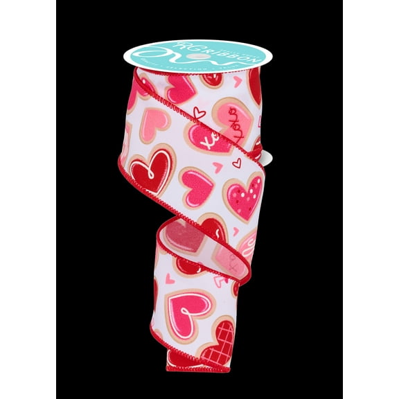 2.5" Valentine Cookie Ribbon: White (10 Yard) Valentine Floral Arrangement Gift Wrapping Bow Wreath Wired Ribbon