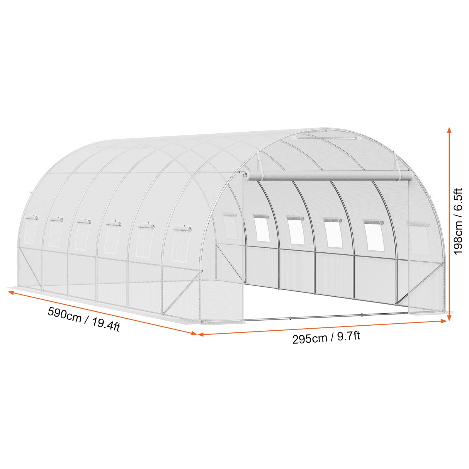 KFFKFF Tunnel Greenhouse, 19.4x9.7x6.5 ft, with Sturdy Galvanized Steel Frame, White PE Protection, Roll-up Door & 12 Ventilation Windows for Garden