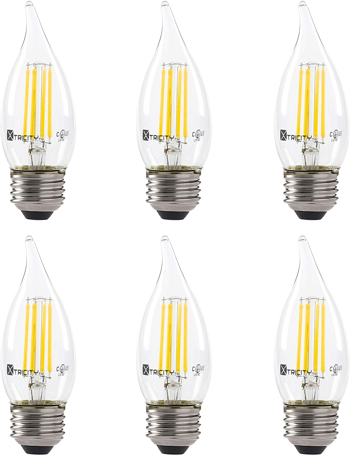 UL Listed 6 Watts 120 Volt Xtricity LED Candelabra Filament Flame Tip Frosted Bulb Pack of 6 E26 Medium Base 3000K Soft White Dimmable Candle Led Bulb 60 Watt Equivalent