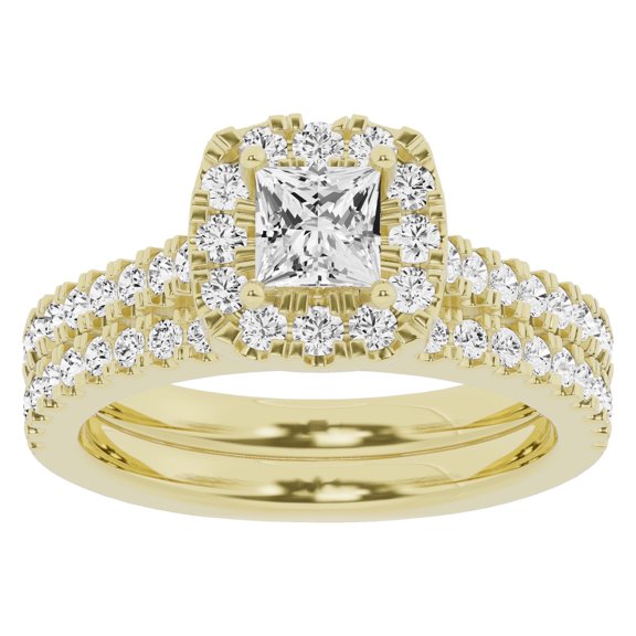 Unique Moments 1.50 Ctw Lab Grown Princess Halo Diamond Engagement Matching Wedding Ring Set 10K Yellow Gold