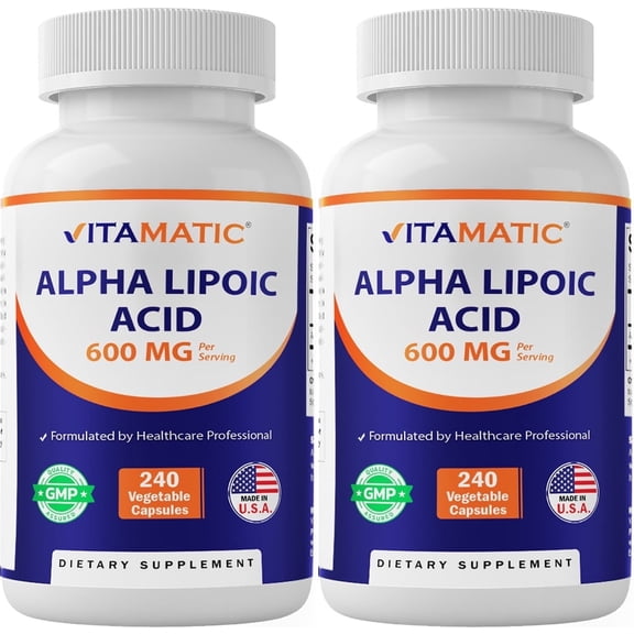 Vitamatic Alpha Lipoic Acid (ALA) 600mg Per Serving - 240 Vegetable Capsules - 120 Servings - Non-GMO & Gluten Free - 2 Pack