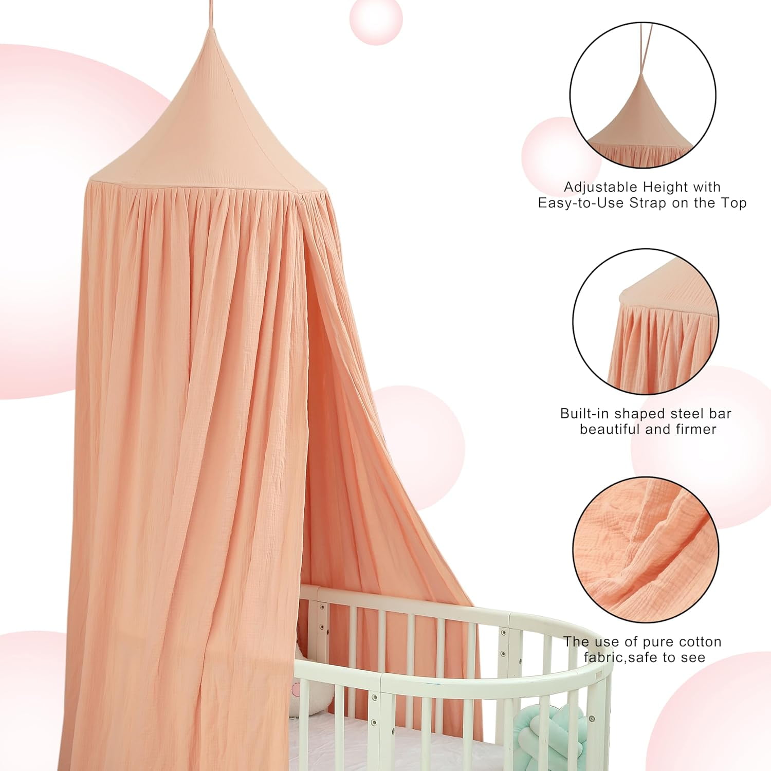 CAILDANL Cotton Kids Bed Canopy, Nursery Room Baby Crib Hanging Curtain Mosquito Net Hideaway Bedding Children Reading Nook Decoration, Pastel Neutral Color for Boys & Girls (Pink)