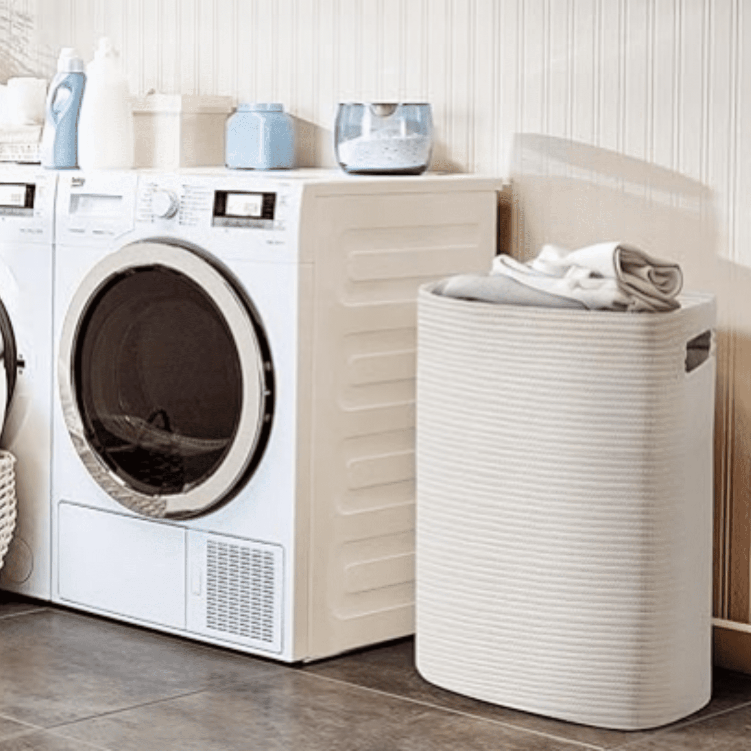 16"x13"x22" - Tall Woven Laundry Basket, Cotton Rope Dirty Clothes Hamper, Baby Kids Nursery Wicker Laundry Basket, Bedroom Aesthetic, Soft Laundry Bin, White Hamper, 75L
