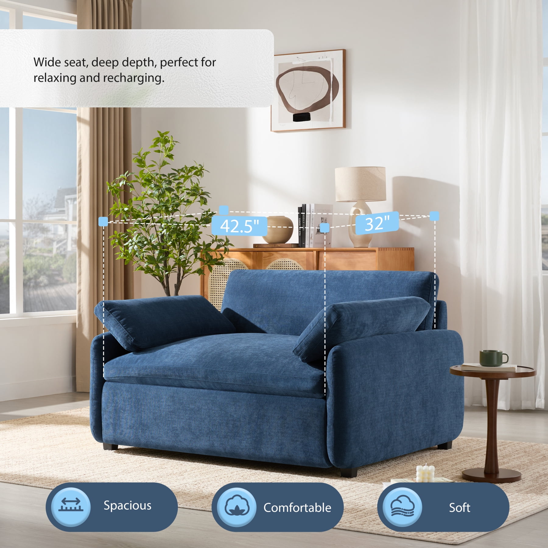 Leumius 50" Oversized Single Sofa Chair, Upholstered Chenille Accent Chair with Wide and Deep Seat, Modern Comfy Armchair,with Pillows for Living Room,Apartment,Bedroom,Blue