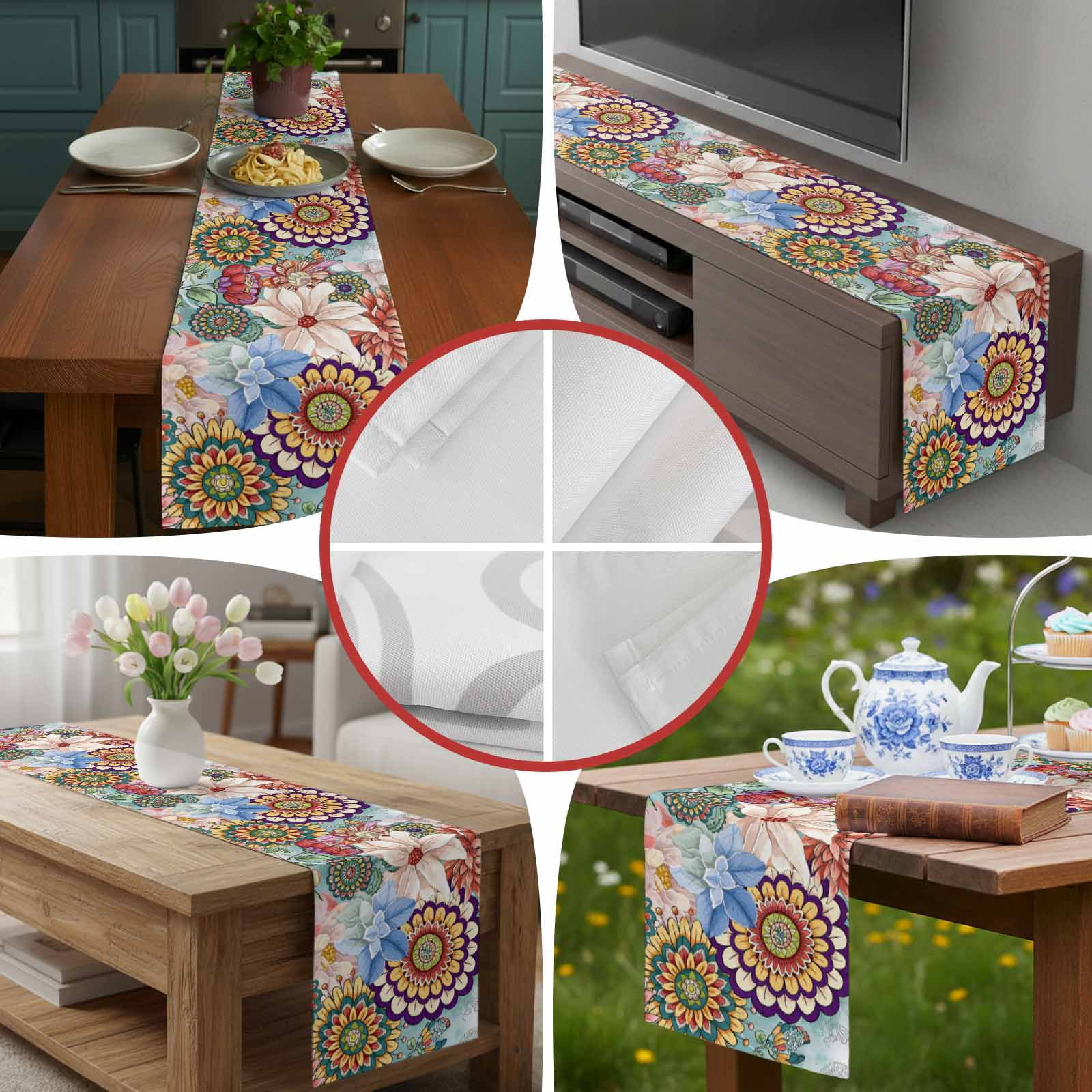 Vintage Bohemian Flowers Table Runner 90 Inches Long, Classic Farmhouse Floral Table Runners Tabletop Scarf Kitchen Dining Tables Decoration for Home Party Indoor Outdoor
