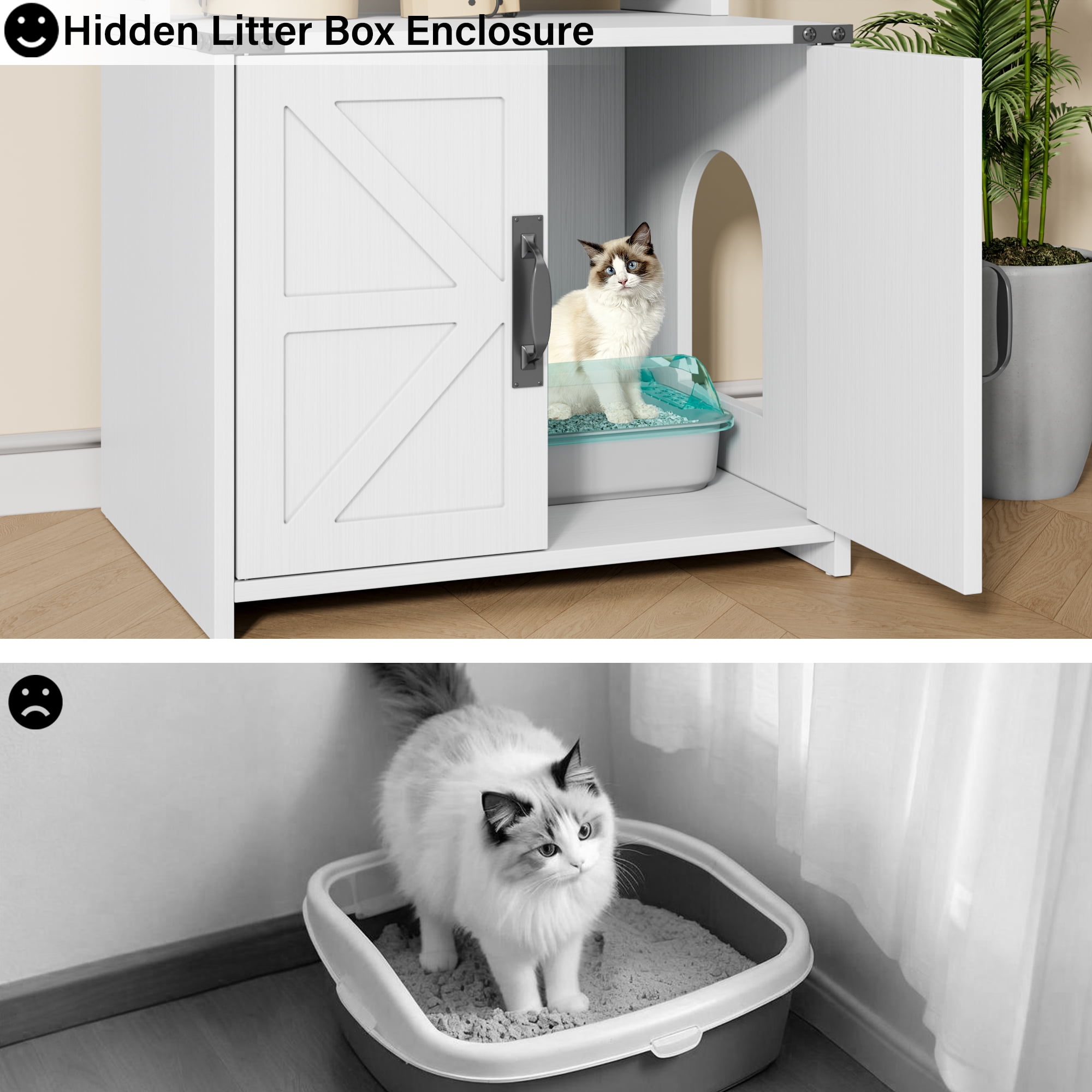 ModFurne Cat Litter Box Enclosure with Feeding Station, Tall Cat Litter Box Furniture Hidden with 4-Tier Storage Shelves, White
