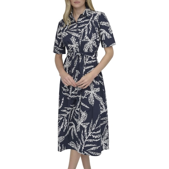 DKNY Women's Short Sleeve Cotton Poplin Collared Shirtdress, Navy/Ivory, 4