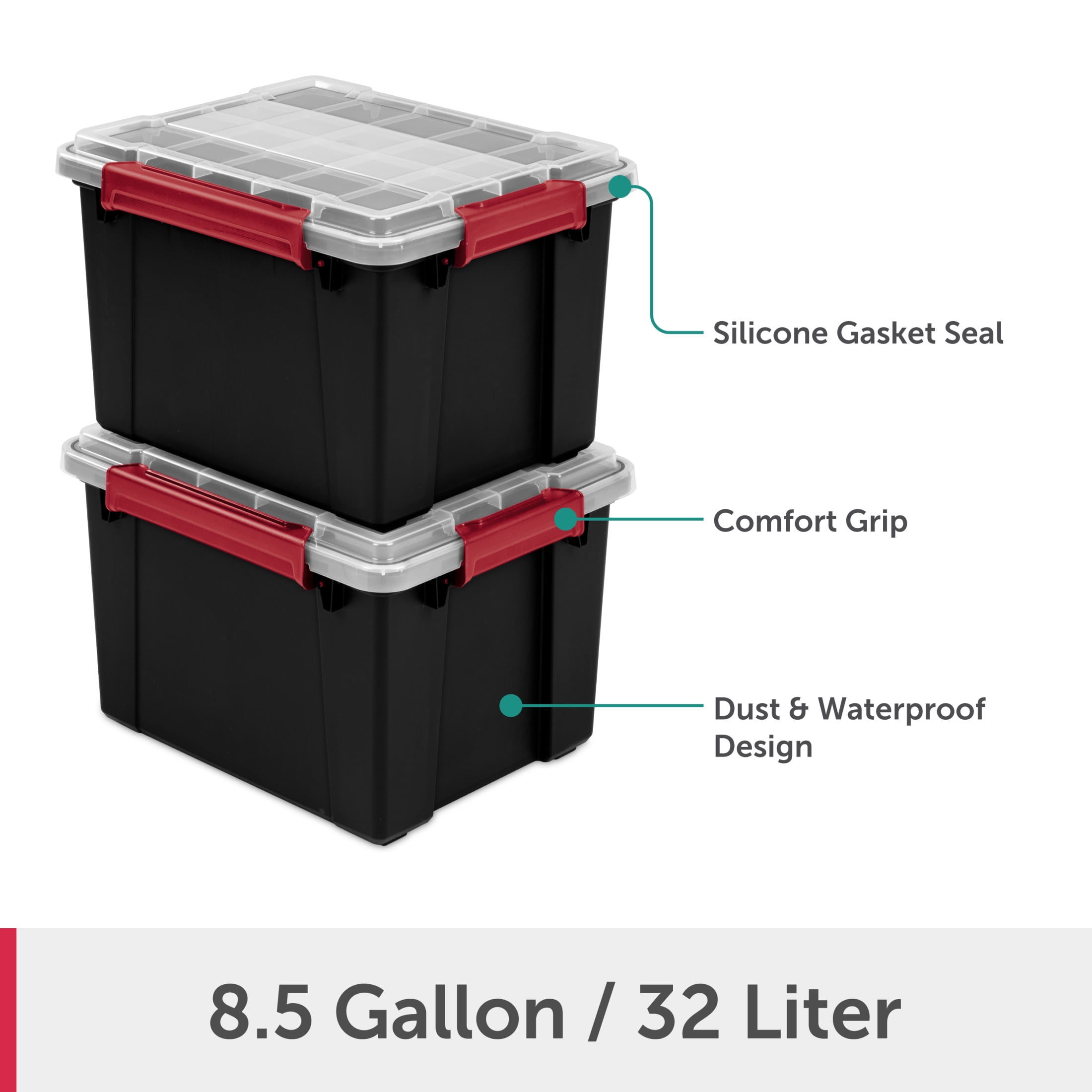 Sterilite Gasket Tote, 8.5 Gallon IP68 WaterProof Plastic Storage Bin with Lid, Gasket Seal and Durable Latches, Black