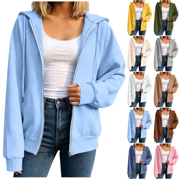 HomeDM Women's Full Zip Up Hoodie Sweatshirts Solid Color Long Sleeve Pullover Tops with Pockets Fall Trendy Hooded - Light Blue/L