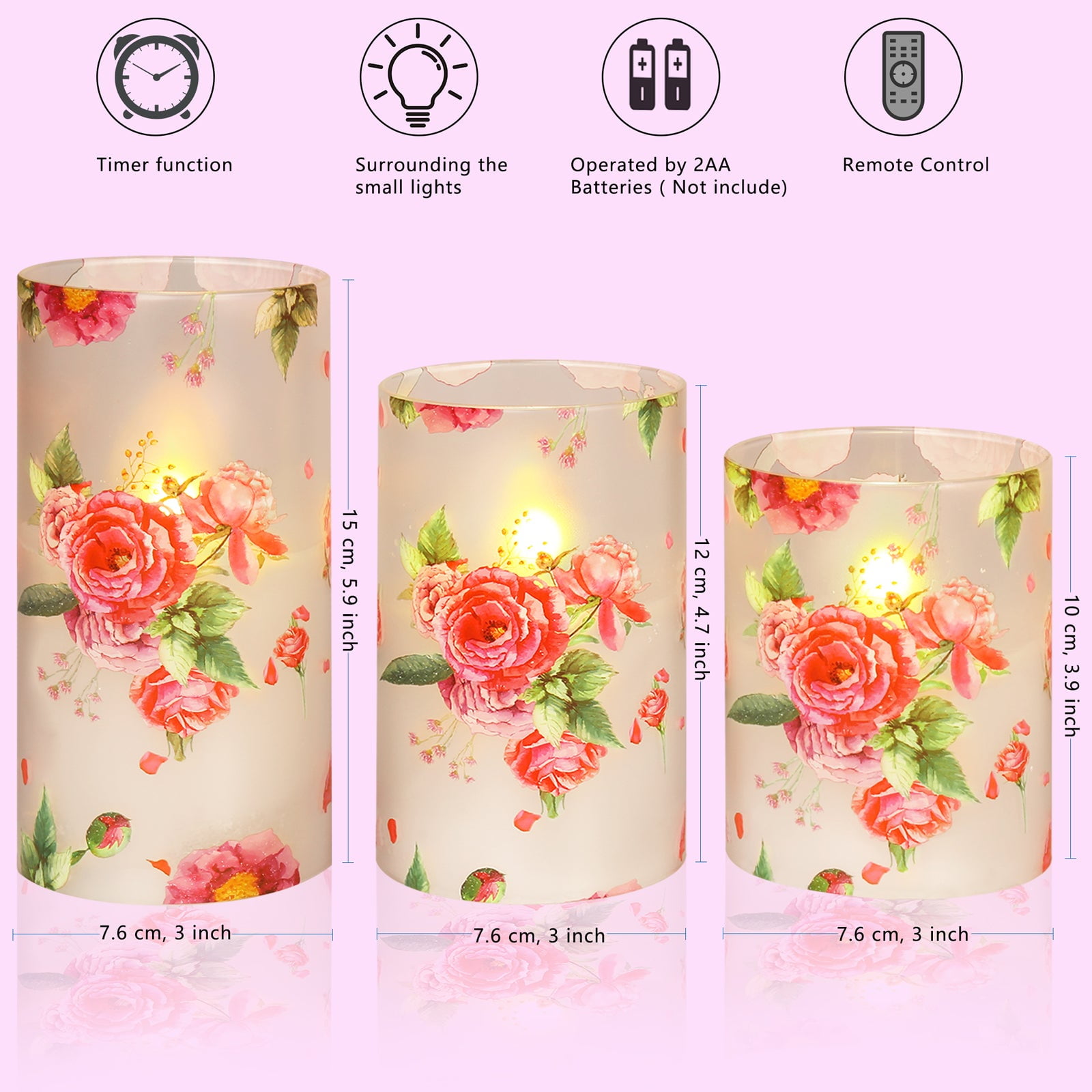 Set of 3 Flameless Candles with Remote & Timer, 4'' 5'' 6'' Battery Operated LED Flickering Flame Pillar Candles for Home Decor, Pink