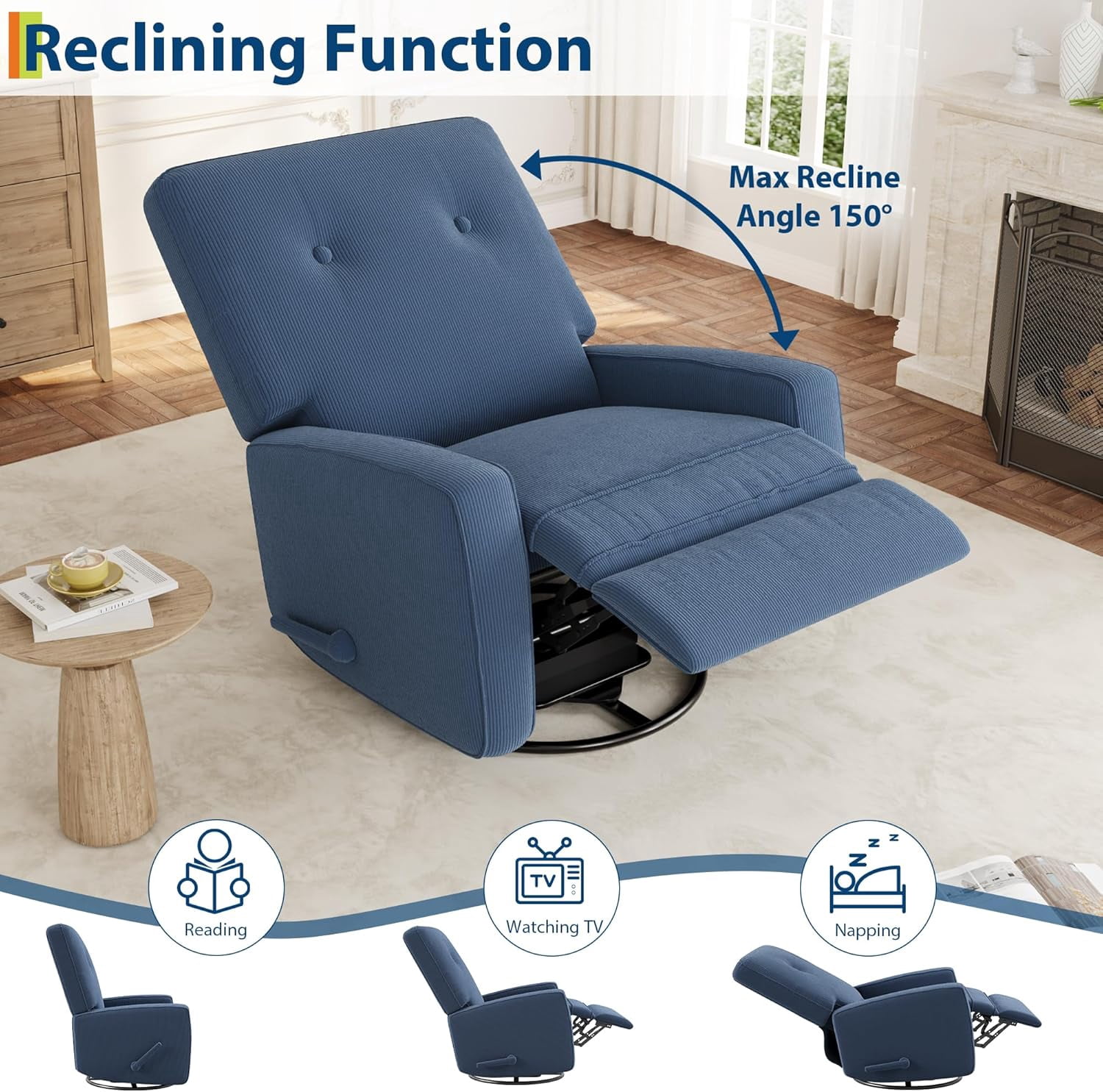 Nursery Recliner Chair, 360° Swivel Rocking Glider Chair for Adults with Adjustable Backrest & Footrest, Upholstered Armchair for Living Rooms, Bedrooms, Apartments, Blue