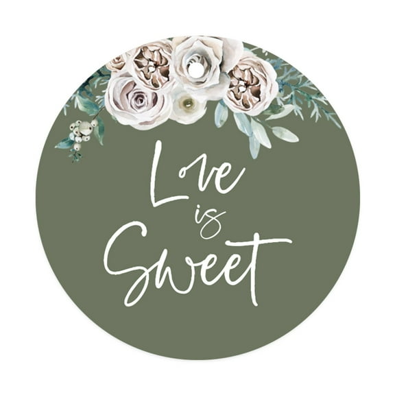 Koyal Wholesale Sage Green | Cream Floral Blossoms Fall Wedding, Round Circle Gift Tags, Love is Sweet, 24-Pack