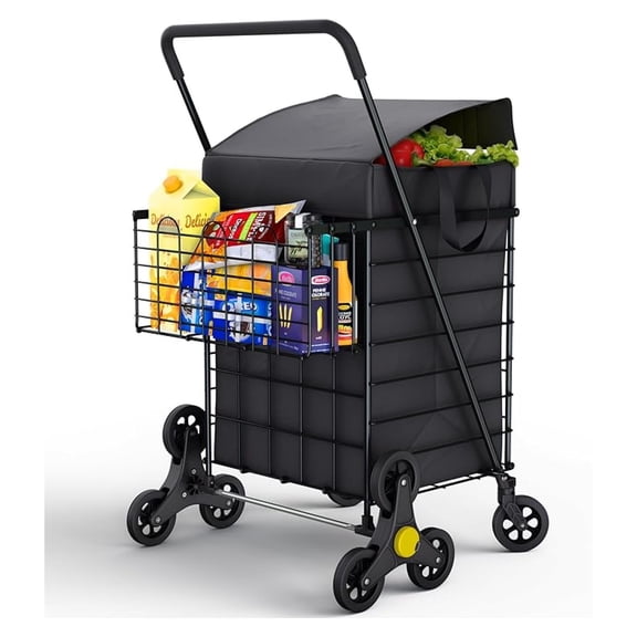 Stair Climbing Shopping Cart with Waterproof Liner & Swivel Wheels | Foldable Lightweight Utility Cart for Groceries Laundry - Black