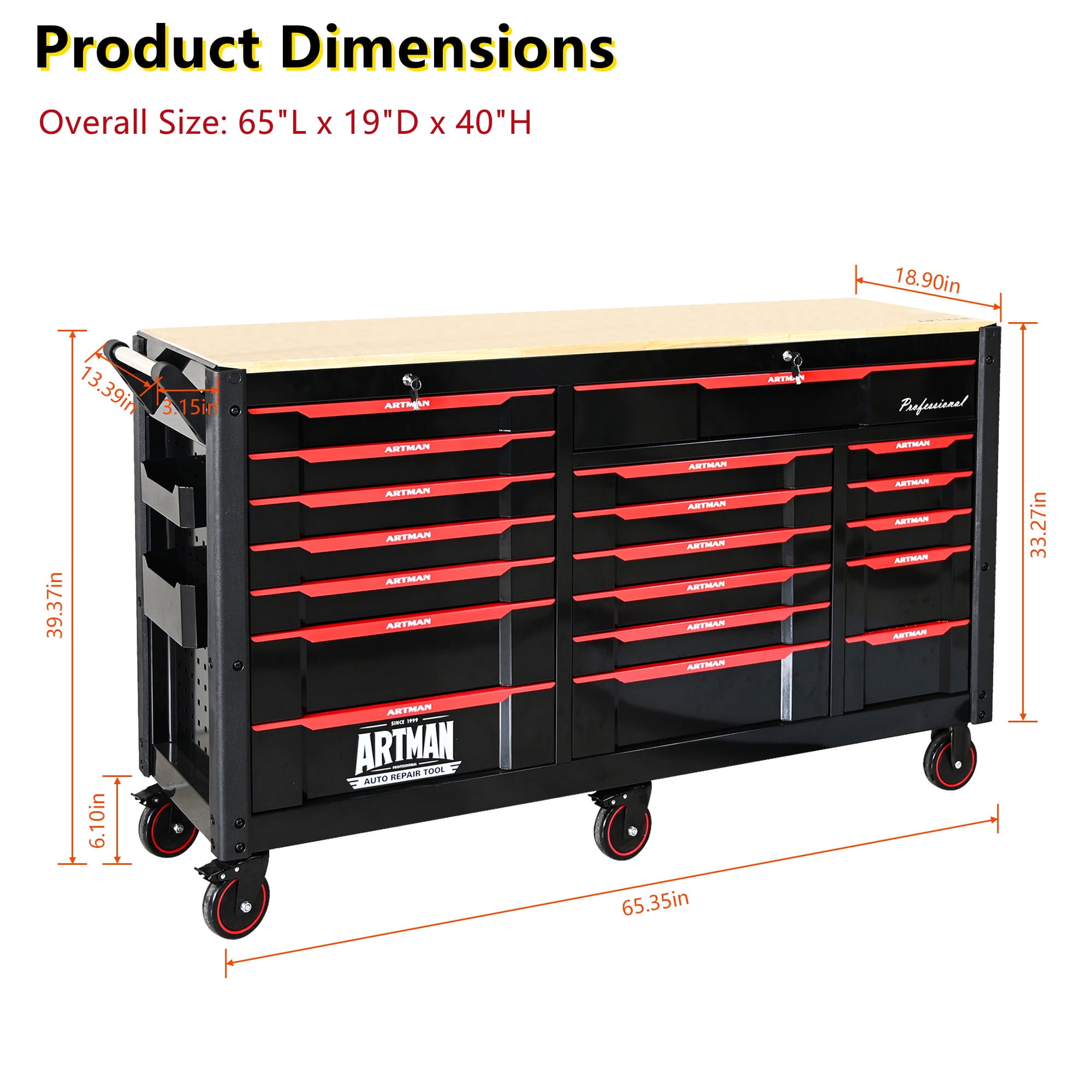 Aukfa 65" Oversized Tool Box, 19-Drawer Rolling Tool Chest with Desktop & Lockable for Garage
