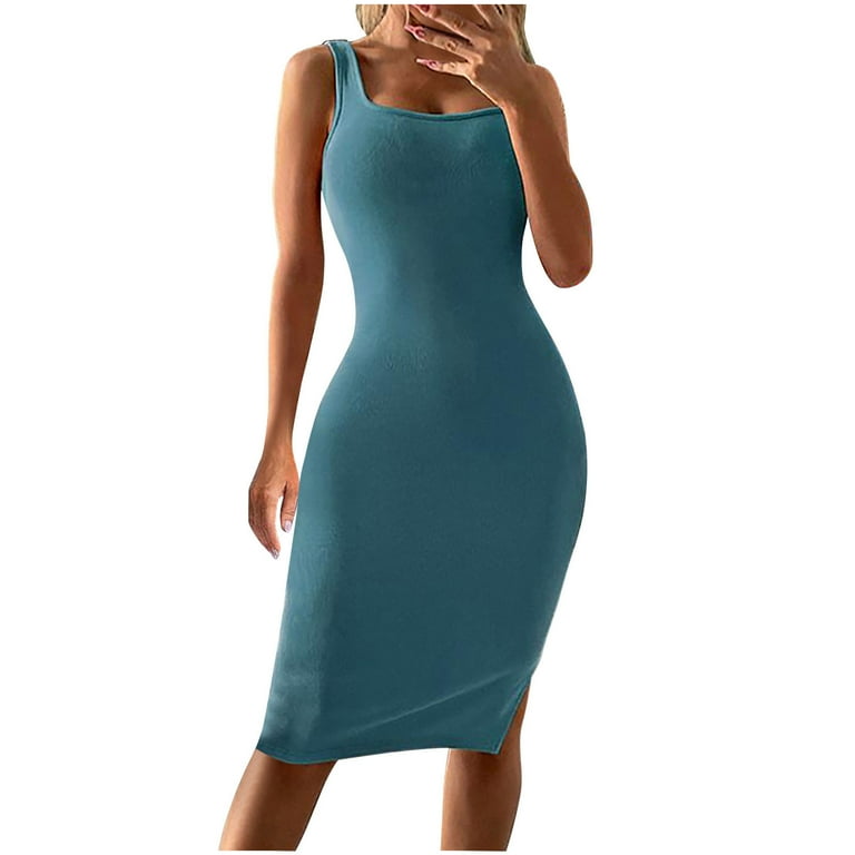 cfhntfmh Summer Tight Dress for Women Square Neck Sleeveless Midi Tank  Sundress Side Slit Club Party Dresses - Walmart.com