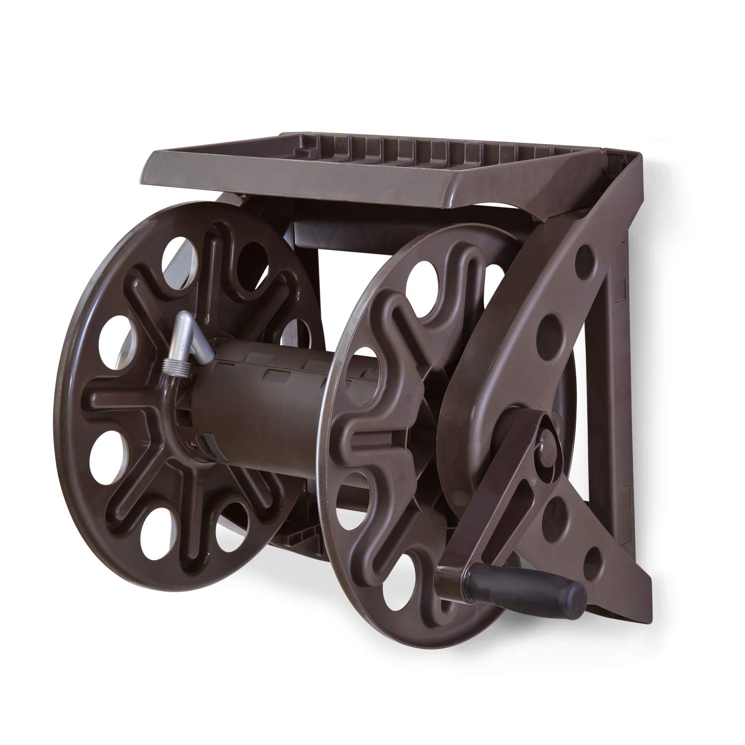 Suncast Sidewinder 60-Foot Wall Mount Hose Reel – Decorative Scroll Design, Bronze, With Storage Compartment
