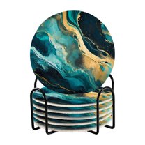 6 Pcs Green Marble and Golden Drink Coasters with Holder Absorbent Coaster Sets Cup Heat-Resistant Hot Pads Mats for Bar Table Protection