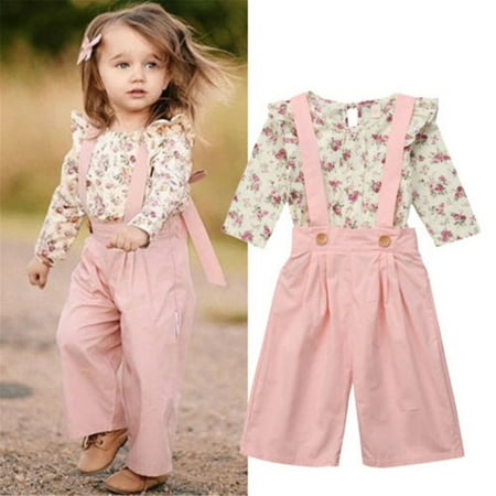 

Qtinghua 2Pcs/Set Toddler Kids Baby Girls Ruffle Floral Tops Blouse+Suspender Pants Overalls Outfits Pink 2-3 Years