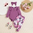 thumbnail image 2 of Wxirdiow Newborn Girl Outfits Newborn Baby Girl Bell Bottom Outfit Ruffle Romper Cute Flare Pants Set Headband Cute Clothes Purple Size,6-9 Months, 2 of 9