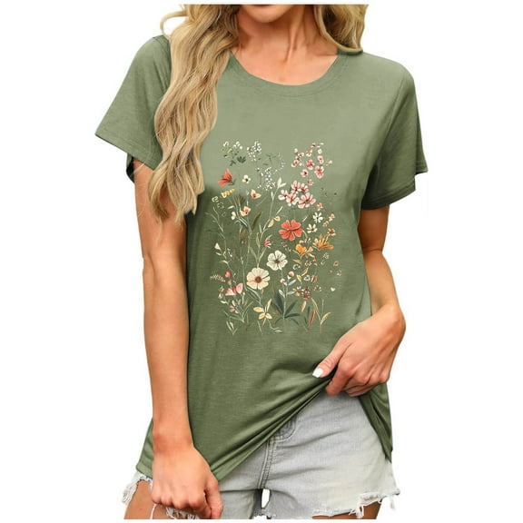 Cute Summer Floral Printed Shirts for Women Crewneck Short Sleeve Tee Loose Fit Casual Tshirt Holiday Travel Clothes Army Green Womens Tops