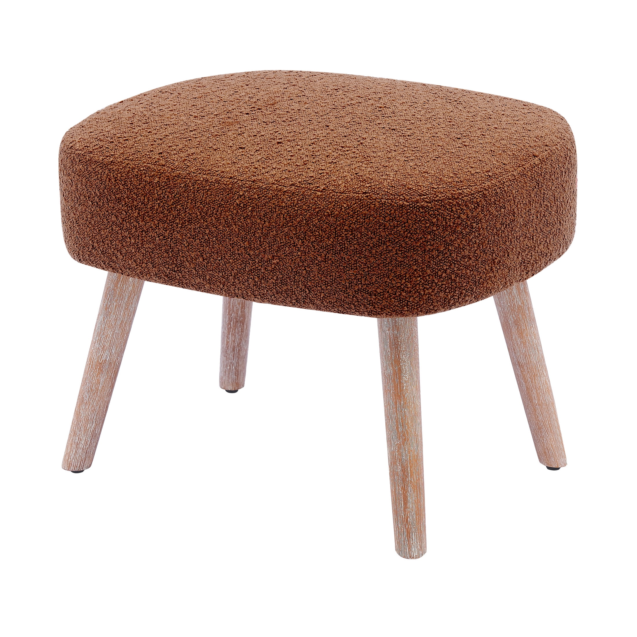 Mid-Century Modern 16.5" Tall Water and Stain Resistant Boucle Fabric Upholstered Ottoman with Wooden Legs, Rust Orange
