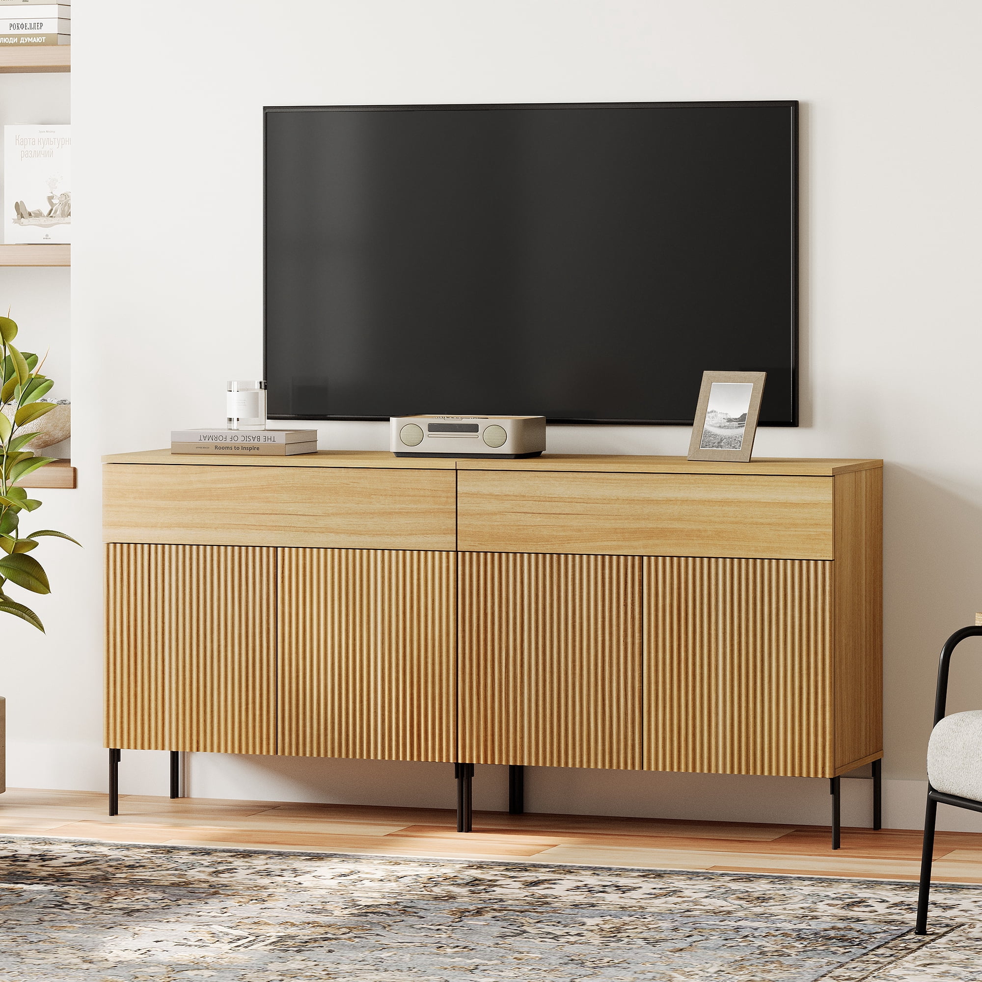 63" Modern Reeded TV Stand with Doors, Entertainment Center with Shelf, Wooden TV Console with Drawers for Living Room