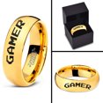 thumbnail image 4 of Tungsten Gamer Typography Writing Band Ring 7mm Men Women Comfort Fit 18k Yellow Gold Dome Polished, 4 of 4