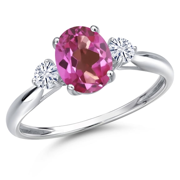 Gem Stone King 10K White Gold Pink Mystic Topaz and White Moissanite 3-Stone Ring for Women | 1.50 Cttw | Oval 8X6MM | Gemstone November Birthstone | Size 8