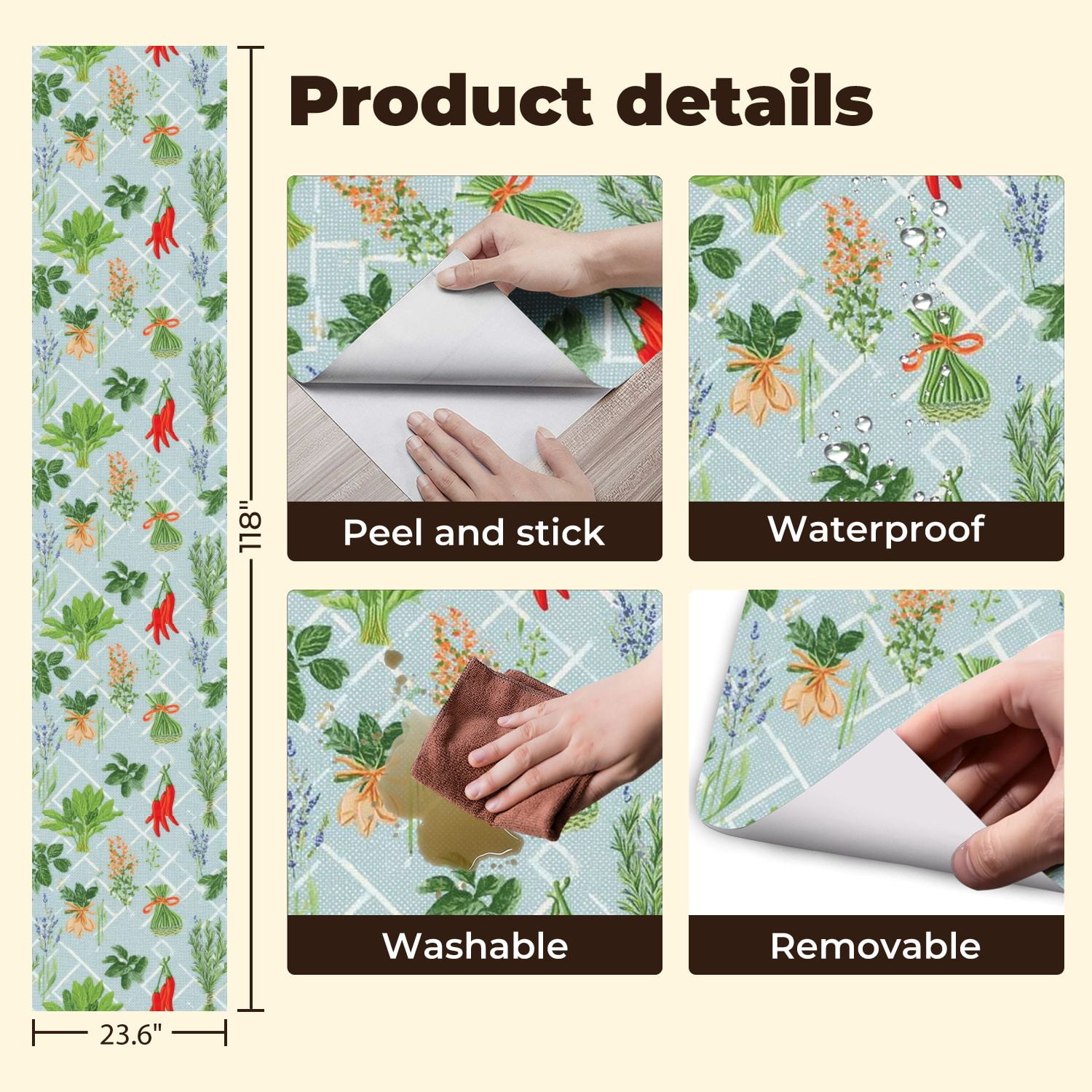Modern Peel and Stick Wallpaper 23.6in x 9.8ft Herb Spice Fresh Greenery Chili Peppers Lavender Blue Contact Paper Self-Adhesive Removable Wall Paper for Bedroom Kitchen Cabinet Renter Friendly