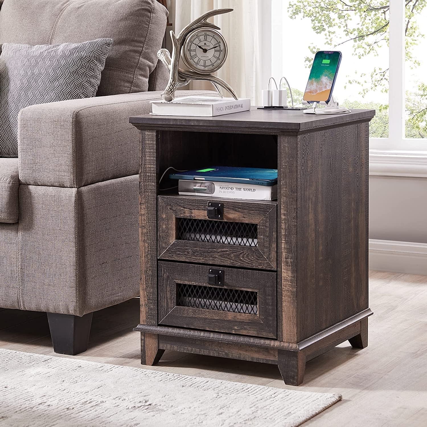 OKD 2-Drawer Wooden End Table with Charging Station for Living Room, Modern Square Nightstand, Dark Rustic Oak