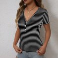 thumbnail image 2 of XFLWAM Womens Summer Tops Short Sleeve V Neck Button T Shirts Striped Print Ribbed Knit Casual Basic Slim Fit Tee Daily Wear, 2 of 8