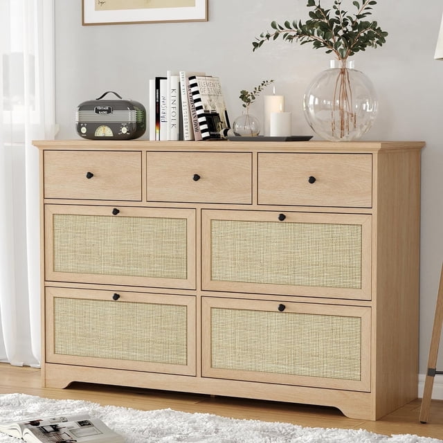 Brafab Commode à 7 Tiroirs, Commodes en Rotin Naturel de Style Mi-Siècle Armoire de Rangement en Bois pour Salon, Chambre de Bébé