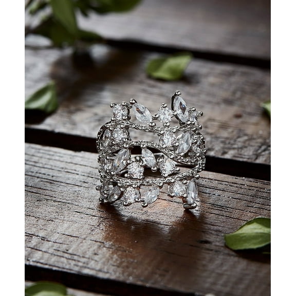 14K White Gold Plated Crystal Plated Leaf Ring Made with crystals