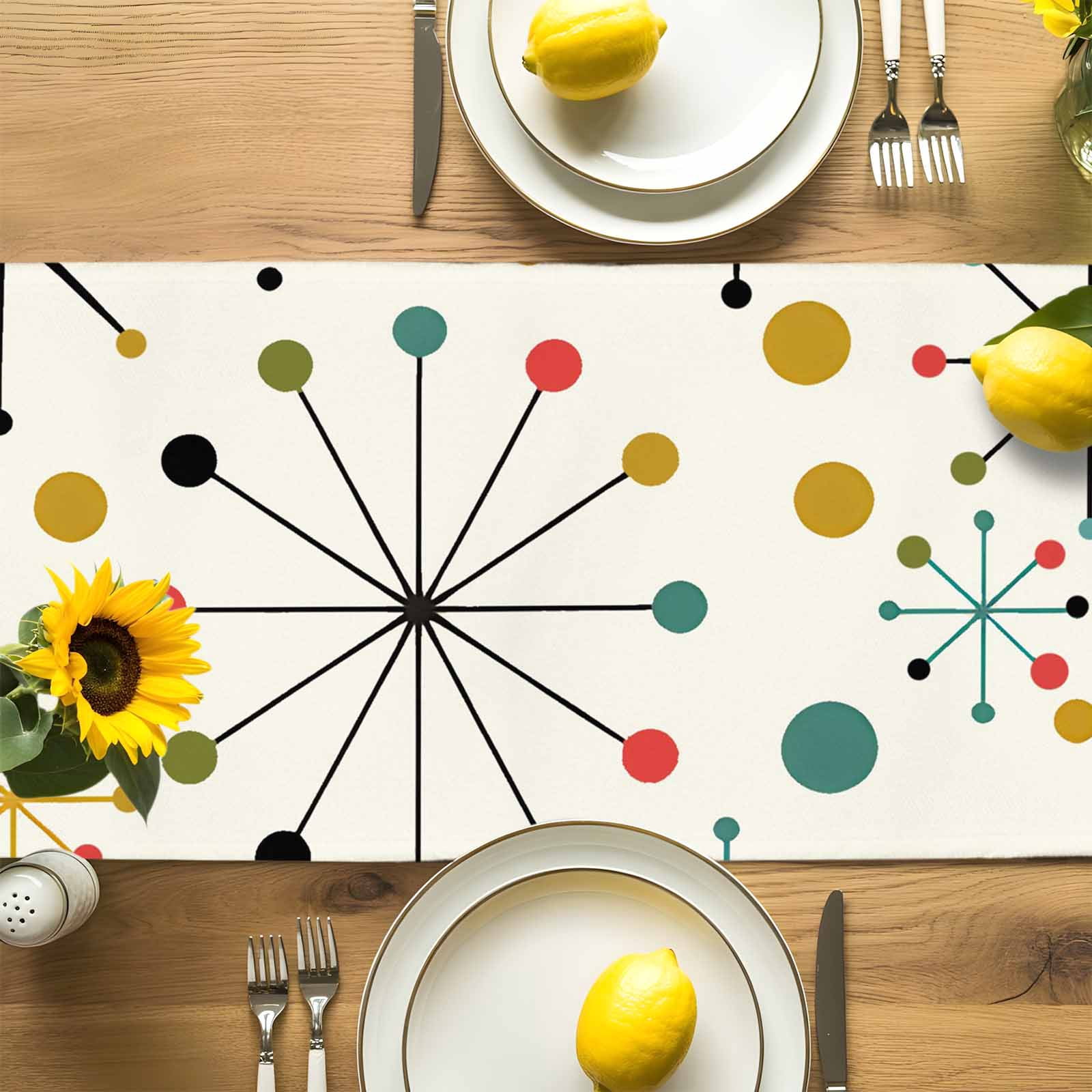 Mid Century Abstract Geometric Table Runner 90 Inches Long, Modern Colorful Atomic Table Runners Tabletop Scarf Kitchen Dining Tables Decoration for Home Party Indoor Outdoor