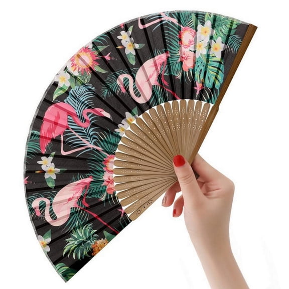 1pc Hand Fan Flamingo Foldable 23cm 9inch Black Background Bamboo Rib and Slender Cotton Pouch