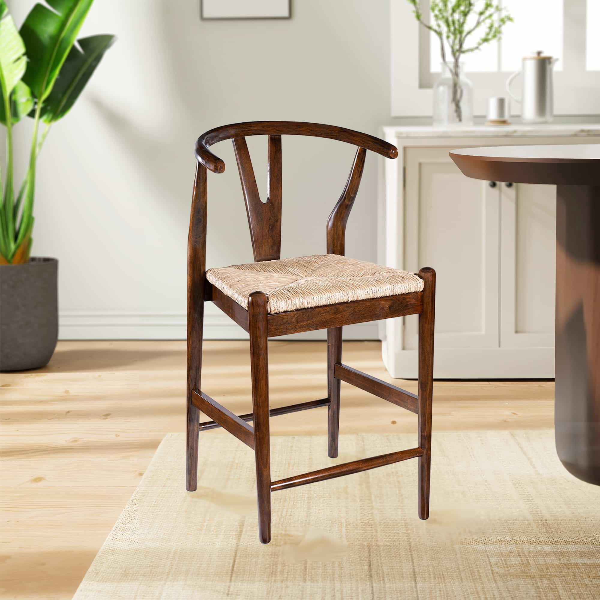 Boraam Wishbone Counter Height Bar Stool with Woven Rush Seat in Cappuccino Finish