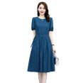 thumbnail image 4 of Femmes Manches Courtes Robe Élégante Col Rond à Lacets une-Ligne Jupe Décontractée Couleur Unie Robe en Vrac, 4 of 8
