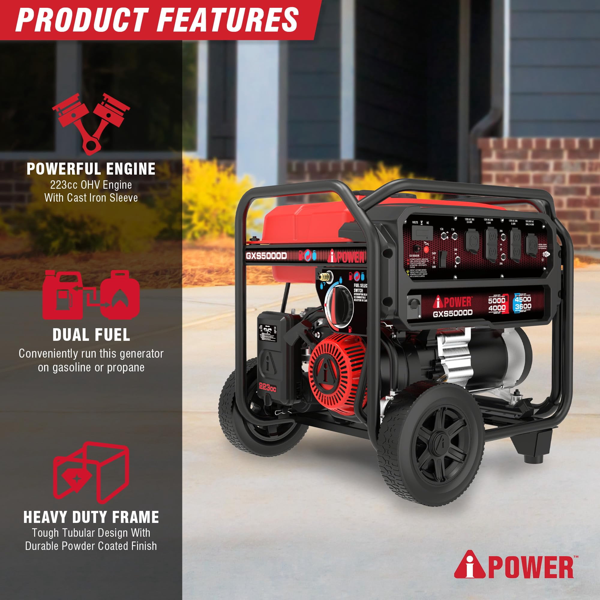 A-iPower 5000 Watts Recoil Start Dual Fuel Portable Generator with CO Sensor, 120/240V, Wheel & Handle kits
