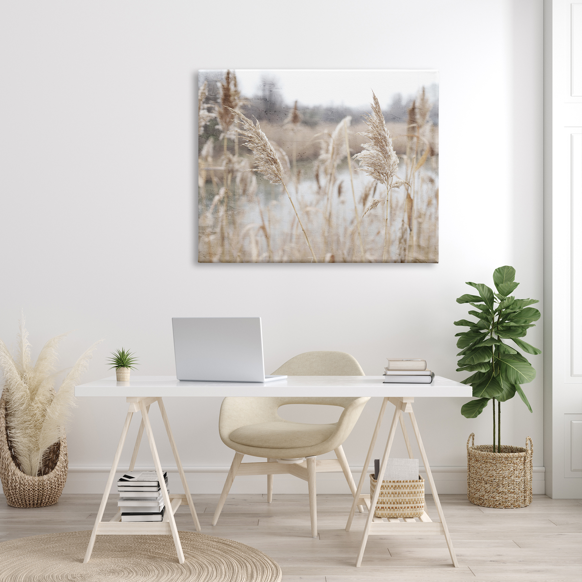 Rural Pampas Grass Reeds Lakeside Pond Marsh Canvas Art, 48 x 36, Design By Artist Kim Allen