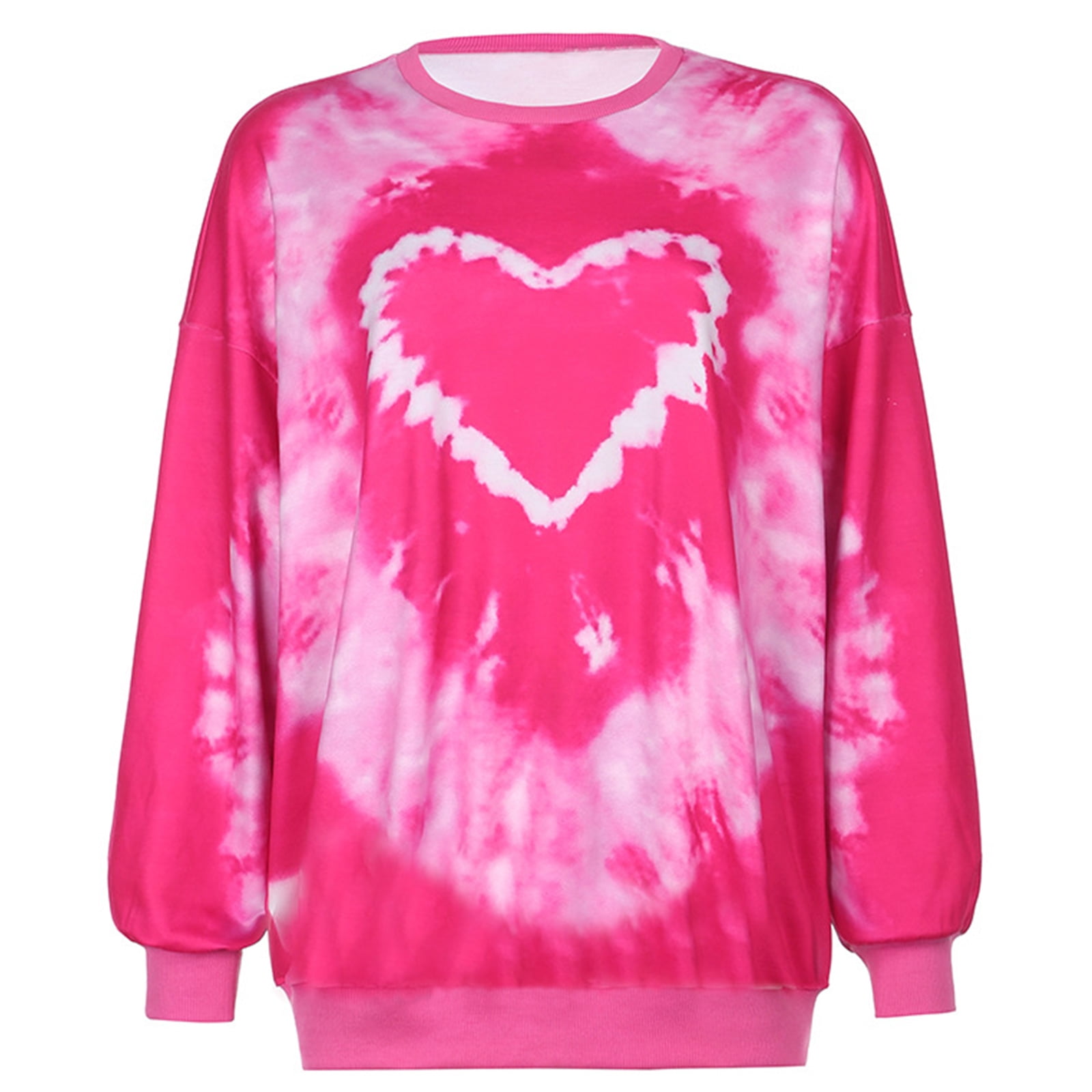 Women Long Sleeve O-Neck Sweatshirt Pink Heart Tie-Dye Printed Pullover  Tunic Tops Harajuku Oversized Loose Streetwear 